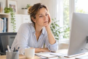 Müde Frau sitzt nachdenklich vor einem Computerbildschirm im Büro.